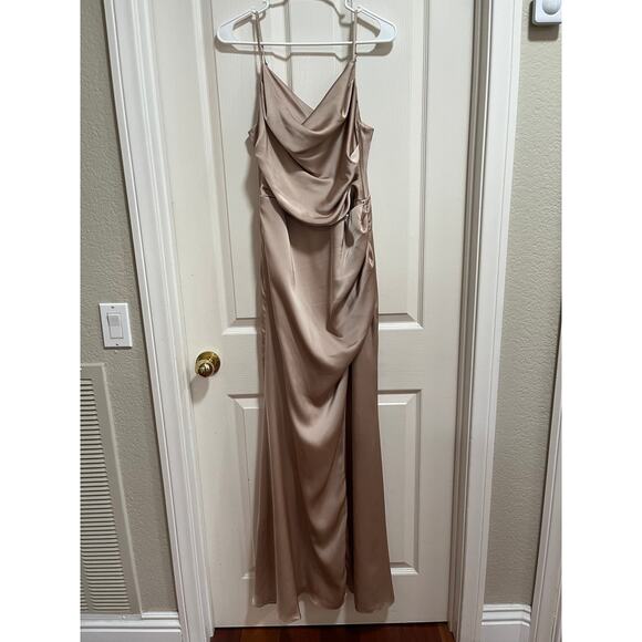 Birdy Grey Lydia Dress Matte Satin Neutral Champagne Medium Long Bridesmaid Cowl - Picture 3 of 13